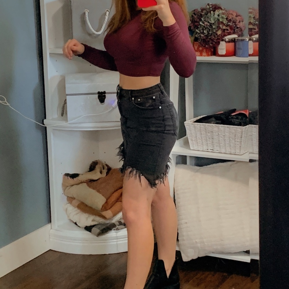 💜Black denim asymmetric skirt